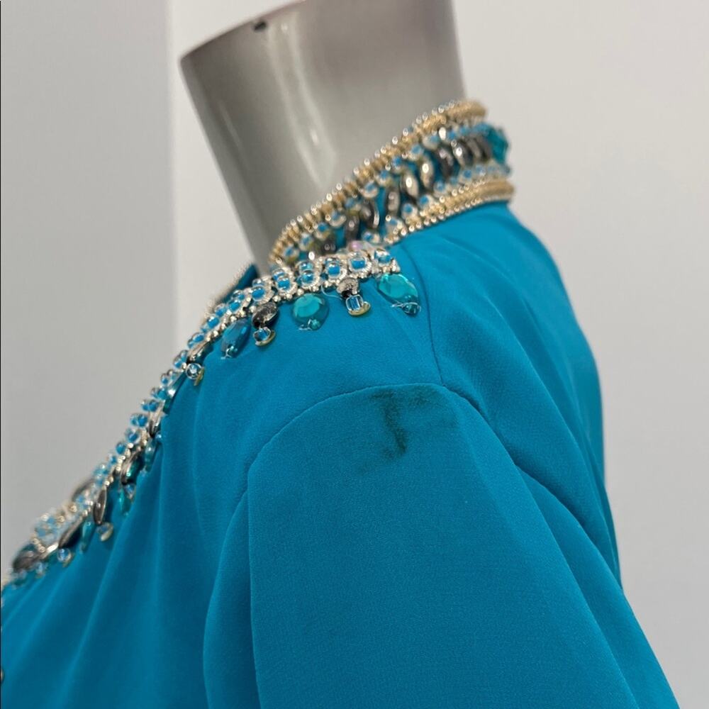 Moroccan Kaftan Maxi Dress Turquoise Hand Beaded Dubai Style Long Sleeve Formal - Picture 7 of 16